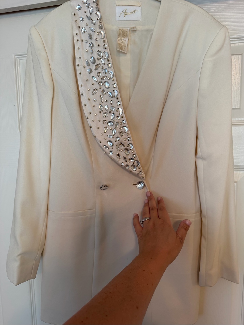 Embellished Cream Women's Blazer with Crystal Lapel